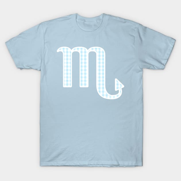 Scorpio Zodiac Horoscope Symbol in Pastel Blue and White Gingham Pattern T-Shirt by bumblefuzzies